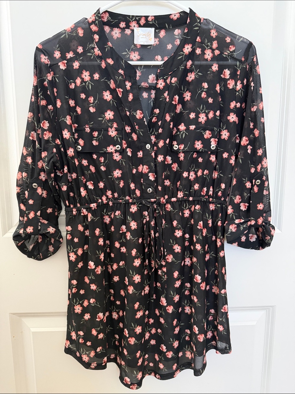 Floral Drawstring Waist Black & Pink Top